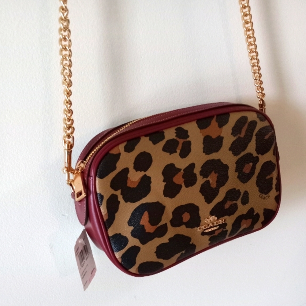 🔅♦Coach Vintage Leopard Print Wine Red Trimmed Cross Body Handbag- F39587